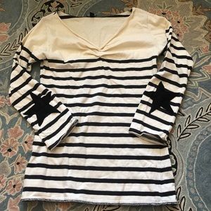 Kathy Kemp Anna NYC classic Breton Marinière striped top, black cream w stars XS